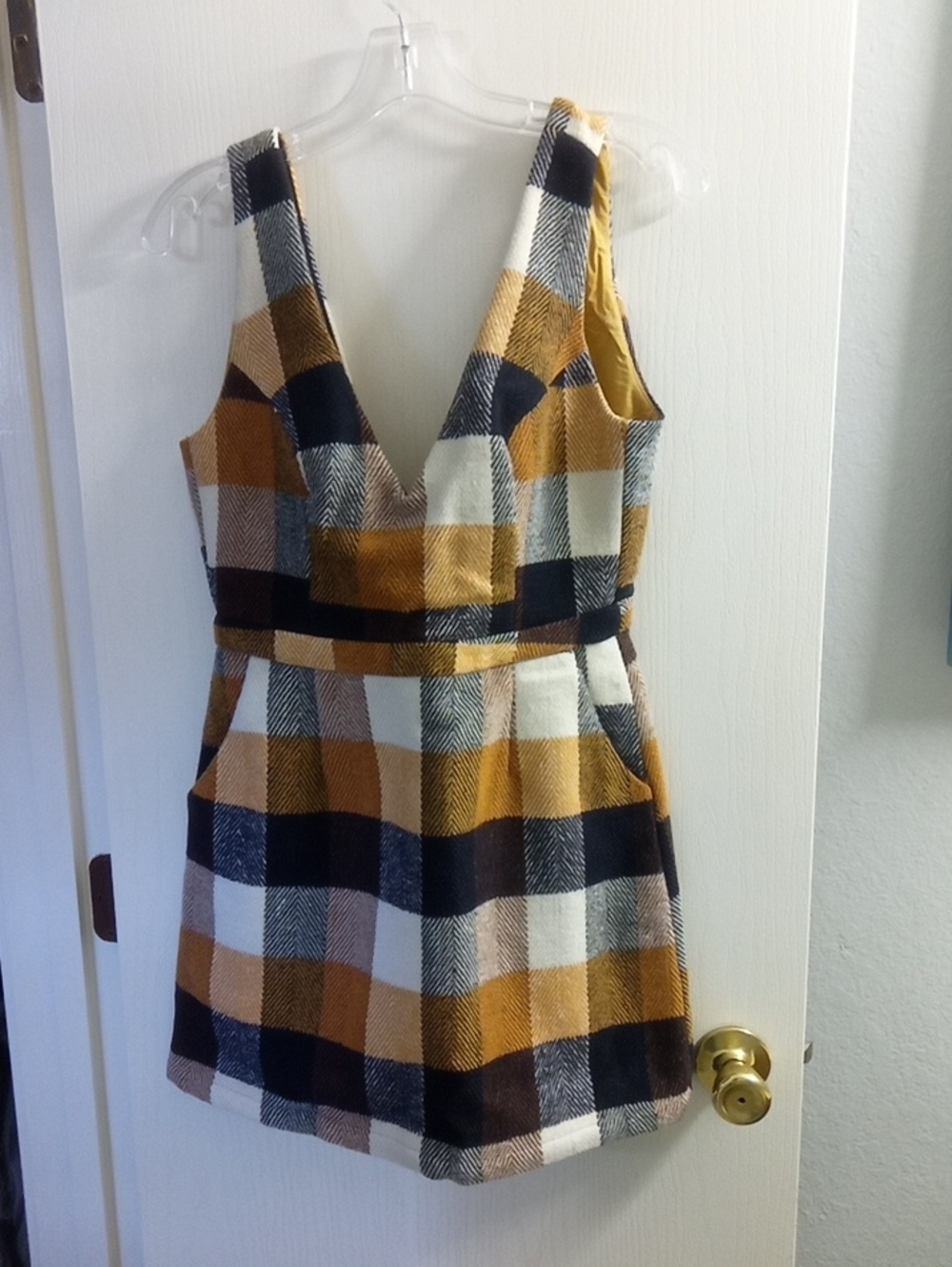 Lulu's Mustard Black White Plaid V-Neck Mini Dress